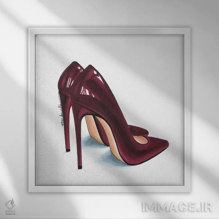تابلو کفش پاشنهدار زرشکی اثر الزا فوچه - نمای قابدار سفید