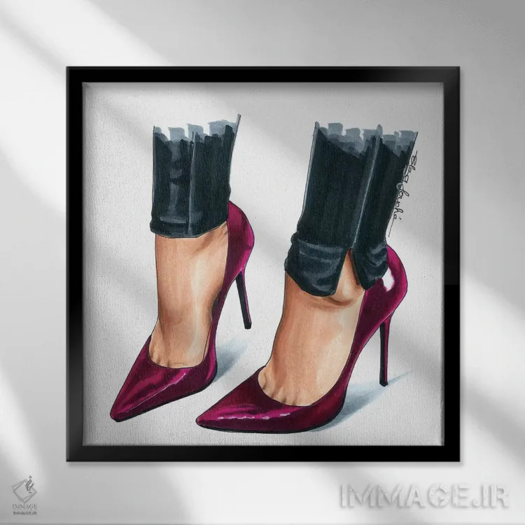 تابلو کفش پاشنهدار با طرح پئونیا اثر الزا فوچه - نمای قابدار مشکی