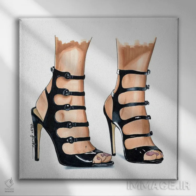 تابلو کفش پاشنهدار بنددار اثر الزا فوچه - نمای روبهرو روی دیوار