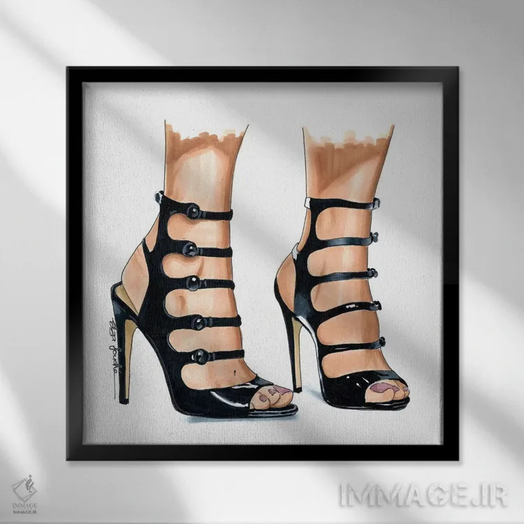 تابلو کفش پاشنهدار بنددار اثر الزا فوچه - نمای قابدار مشکی