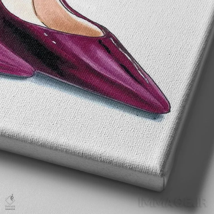 تابلو کفش پاشنهدار صورتی پررنگ اثر الزا فوچه - نمای نزدیک بافت بوم