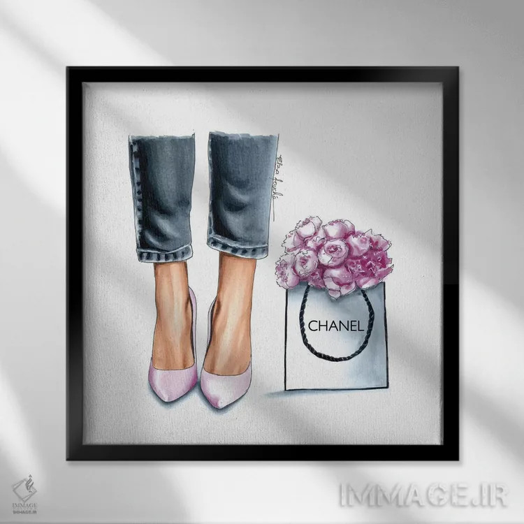 تابلو کفش پاشنهدار و پئونیا اثر الزا فوچه - نمای قابدار مشکی