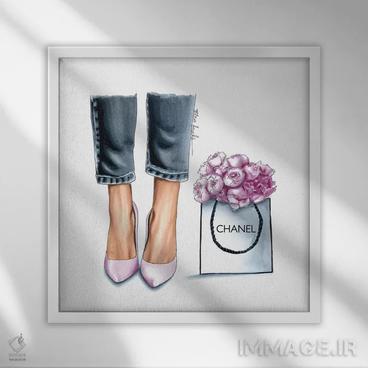 تابلو کفش پاشنهدار و پئونیا اثر الزا فوچه - نمای قابدار سفید