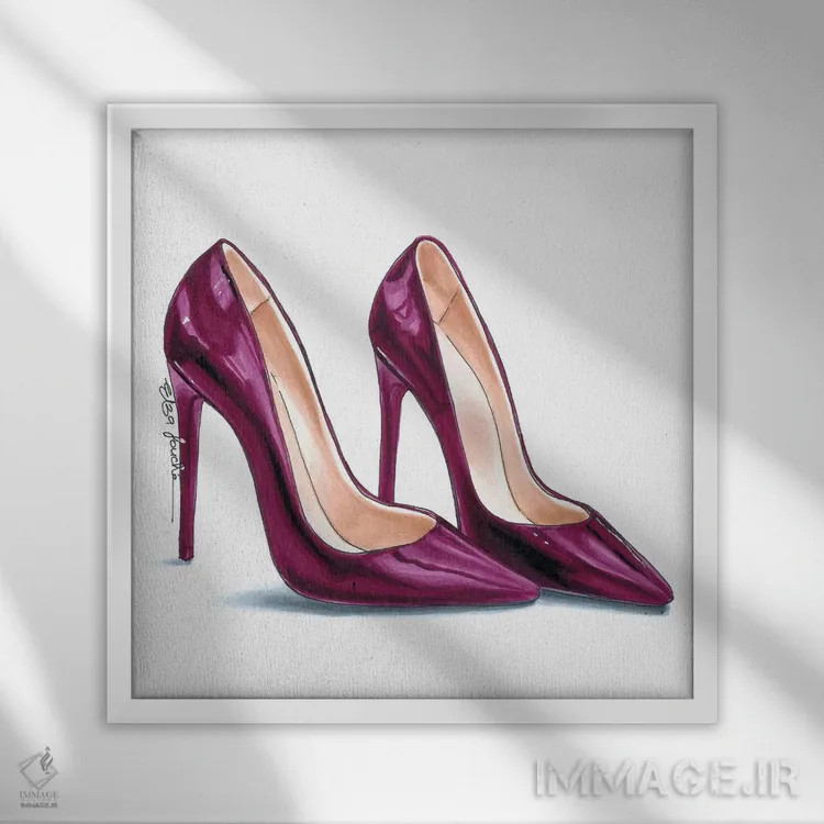 تابلو کفش پاشنهدار صورتی پررنگ اثر الزا فوچه - نمای قابدار سفید