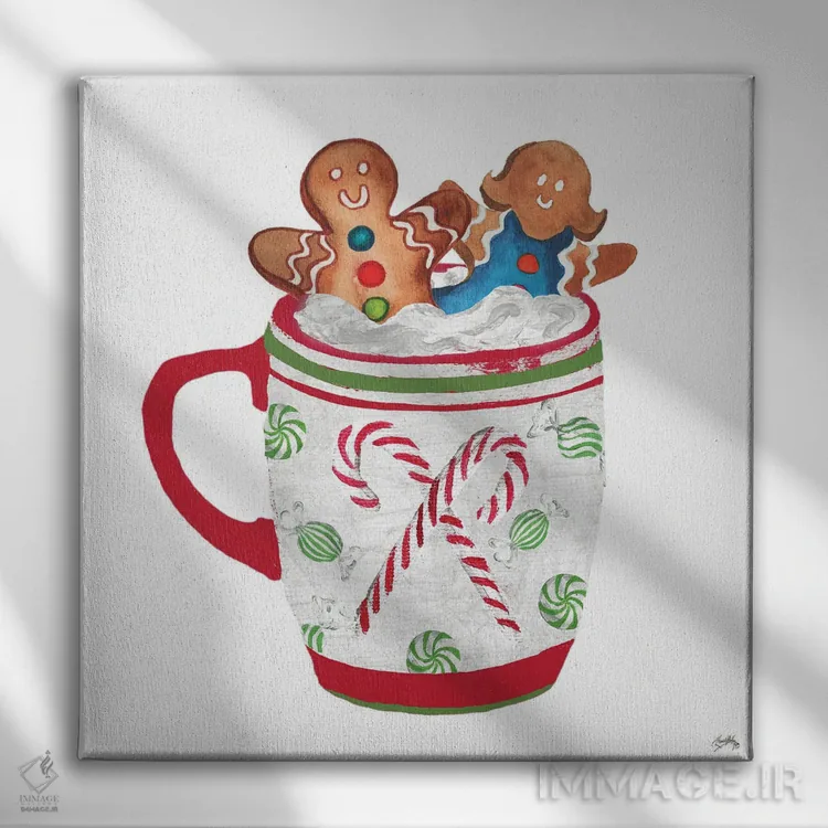 تابلو نان زنجبیلی و یک ماگ پر از کاکائو ۱ اثر الیزابت مدلی - نمای روبهرو روی دیوار