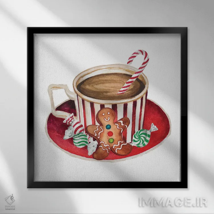 تابلو نان زنجبیلی و یک ماگ پر از کاکائو ۳ اثر الیزابت مدلی - نمای قابدار مشکی