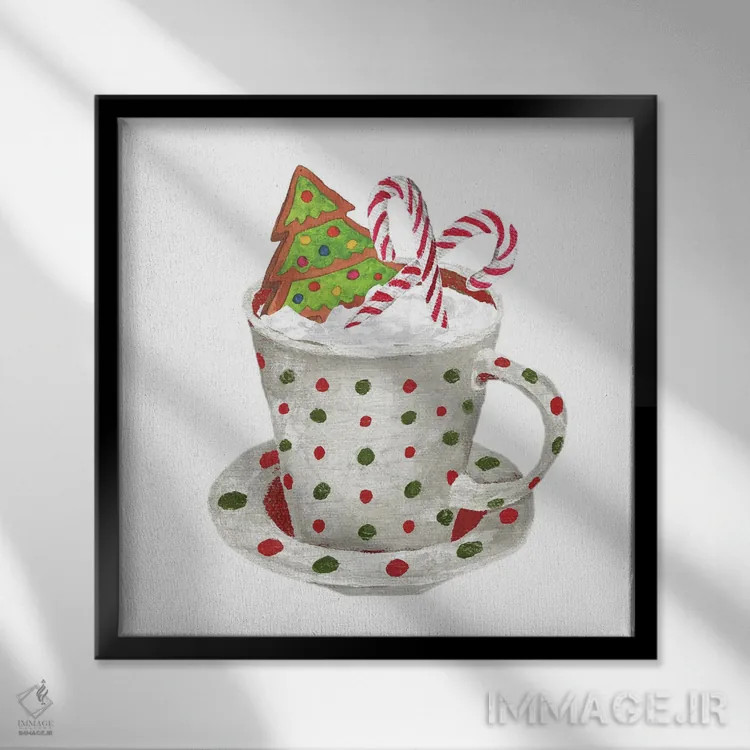 تابلو نان زنجبیلی و یک ماگ پر از کاکائو ۲ اثر الیزابت مدلی - نمای قابدار مشکی