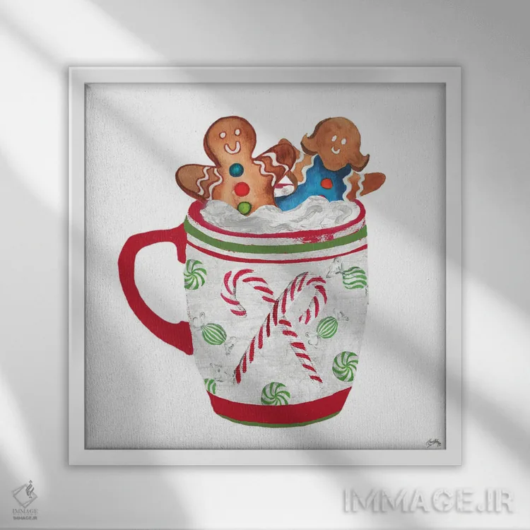 تابلو نان زنجبیلی و یک ماگ پر از کاکائو ۱ اثر الیزابت مدلی - نمای قابدار سفید