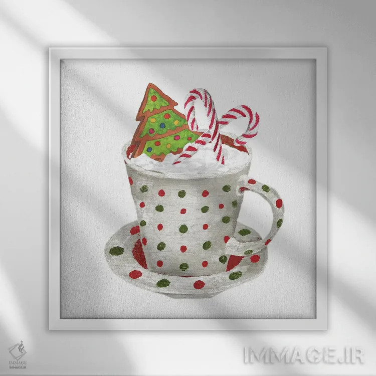 تابلو نان زنجبیلی و یک ماگ پر از کاکائو ۲ اثر الیزابت مدلی - نمای قابدار سفید