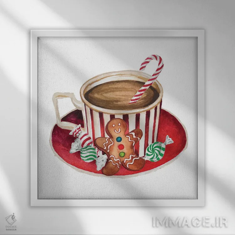 تابلو نان زنجبیلی و یک ماگ پر از کاکائو ۳ اثر الیزابت مدلی - نمای قابدار سفید