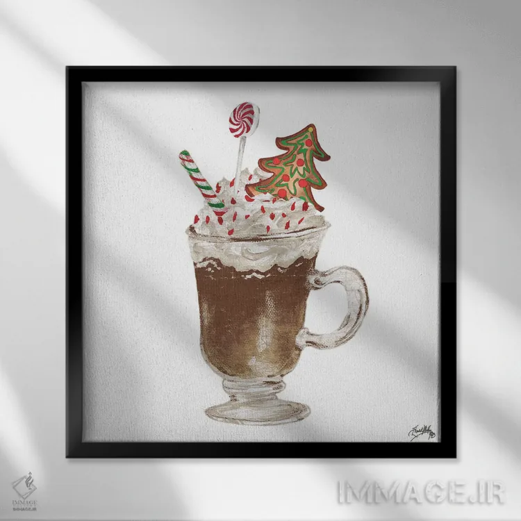 تابلو نان زنجبیلی و یک ماگ پر از کاکائو ۴ اثر الیزابت مدلی - نمای قابدار مشکی