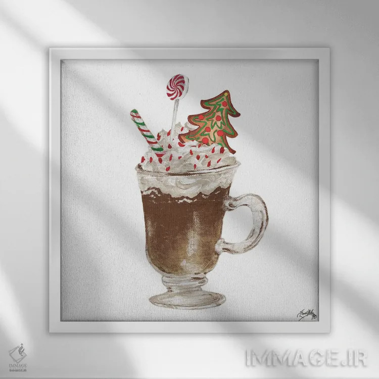 تابلو نان زنجبیلی و یک ماگ پر از کاکائو ۴ اثر الیزابت مدلی - نمای قابدار سفید