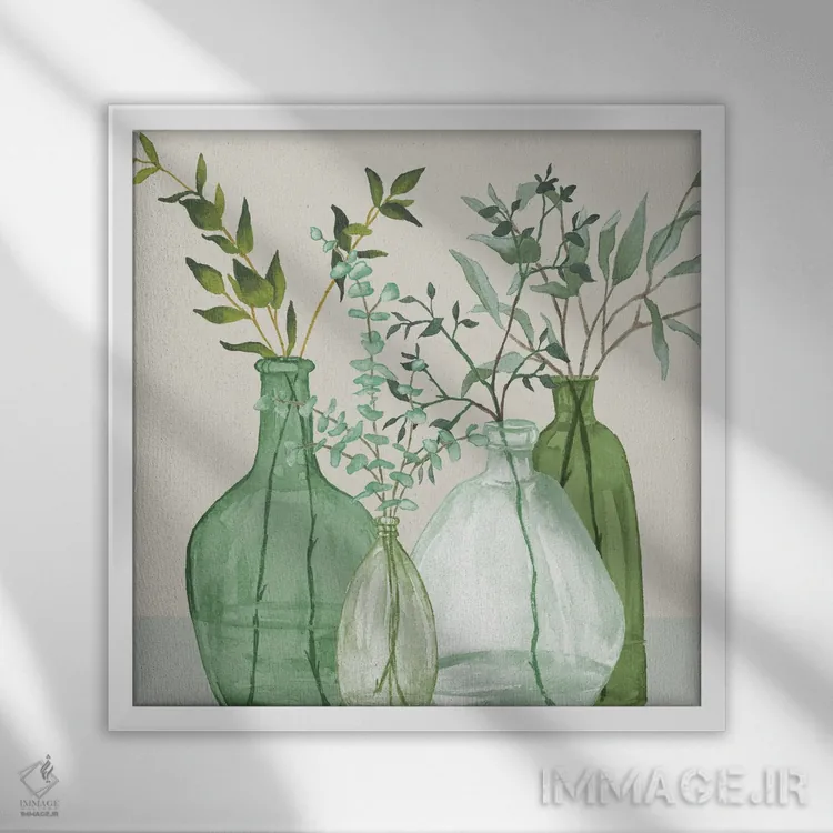 تابلو تزئینات آرامش سبز اثر الیزابت مدلی - نمای قابدار سفید