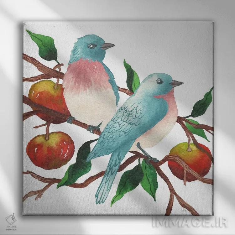 تابلو پرندگان و سیبها اثر الیزابت مدلی - نمای روبهرو روی دیوار