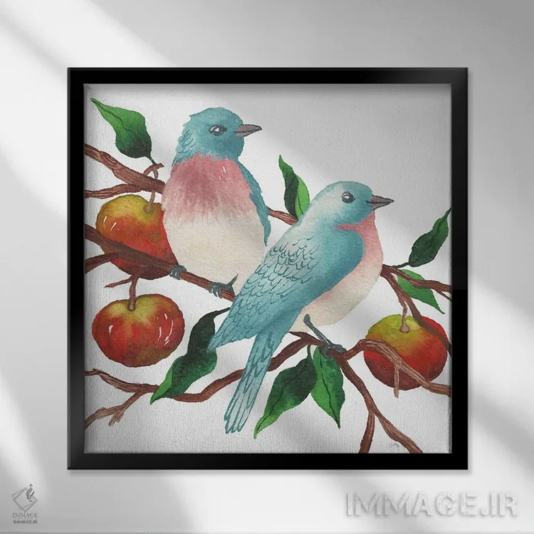 تابلو پرندگان و سیبها اثر الیزابت مدلی - نمای قابدار مشکی