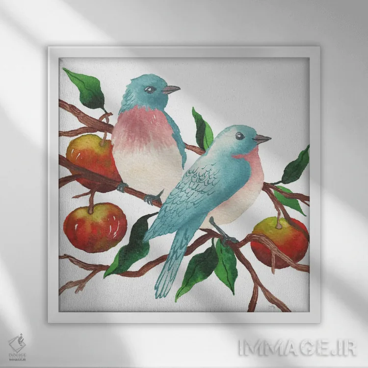 تابلو پرندگان و سیبها اثر الیزابت مدلی - نمای قابدار سفید