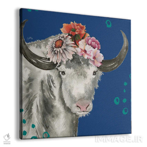 تابلو یاک گلدار روی زمینهٔ آبی اثر الیزابت مدلی - نمای پرسپکتیو محصول