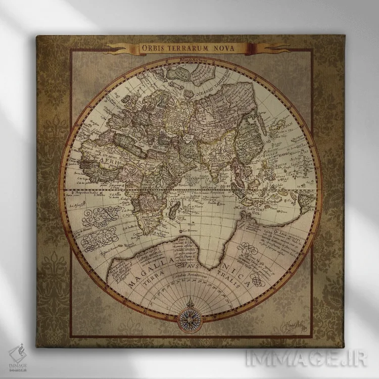 تابلو نقشه جهان به سبک دمشقی II اثر الیزابت مدلی - نمای روبهرو روی دیوار