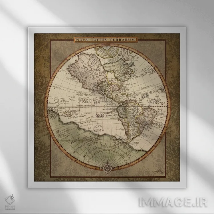 تابلو نقشه جهان به سبک دمشقی I اثر الیزابت مدلی - نمای قابدار سفید
