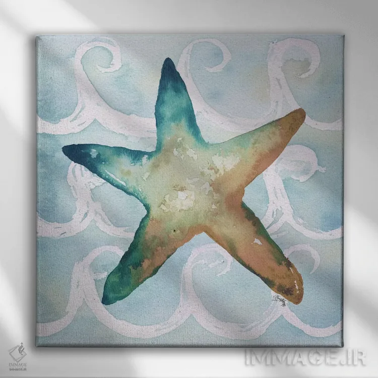 تابلو موجودات دریایی روی موجها شمارهٔ یک اثر الیزابت مدلی - نمای روبهرو روی دیوار
