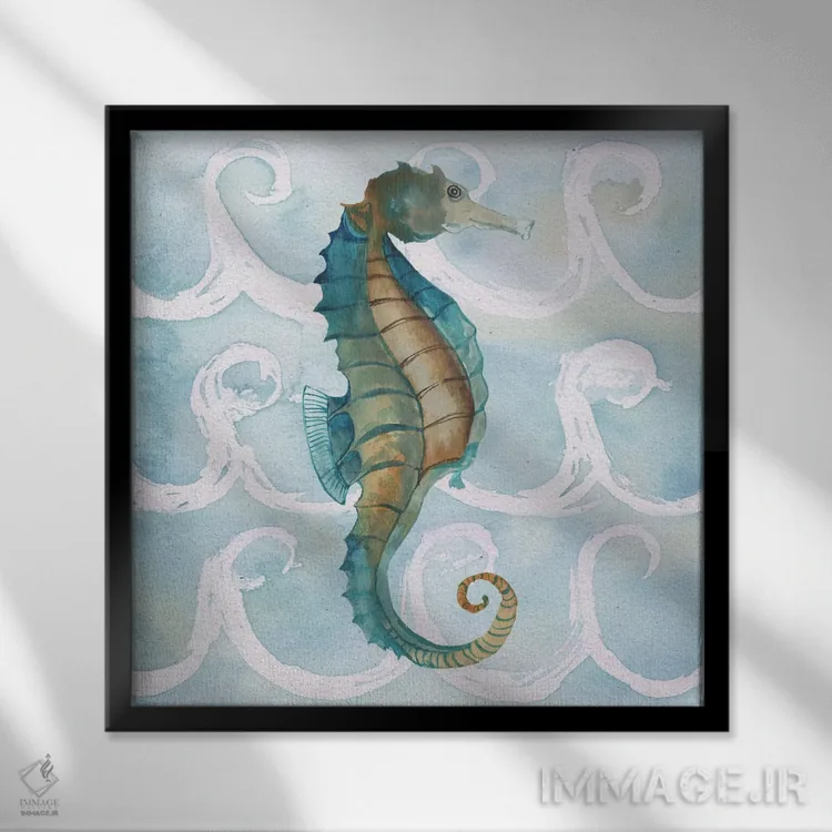 تابلو موجودات دریایی روی موجها شمارهٔ دو اثر الیزابت مدلی - نمای قابدار مشکی