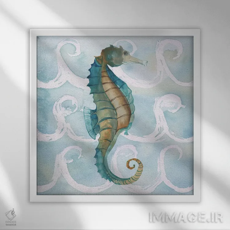 تابلو موجودات دریایی روی موجها شمارهٔ دو اثر الیزابت مدلی - نمای قابدار سفید