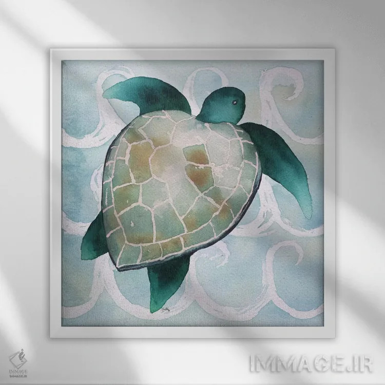 تابلو موجودات دریایی روی موجها شمارهٔ سه اثر الیزابت مدلی - نمای قابدار سفید