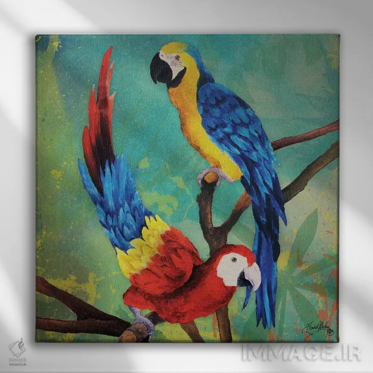 تابلو پرندگان عاشق گرمسیری شمارهٔ دو اثر الیزابت مدلی - نمای روبهرو روی دیوار