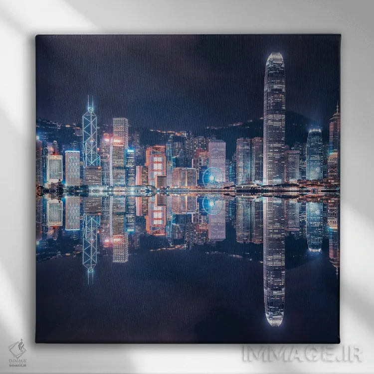 تابلو هنگکنگ در شب اثر مانجیک پیکچرز (استودیو عکاسی یا فیلمسازی) - نمای روبهرو روی دیوار