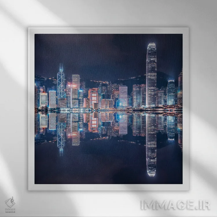تابلو هنگکنگ در شب اثر مانجیک پیکچرز (استودیو عکاسی یا فیلمسازی) - نمای قابدار سفید