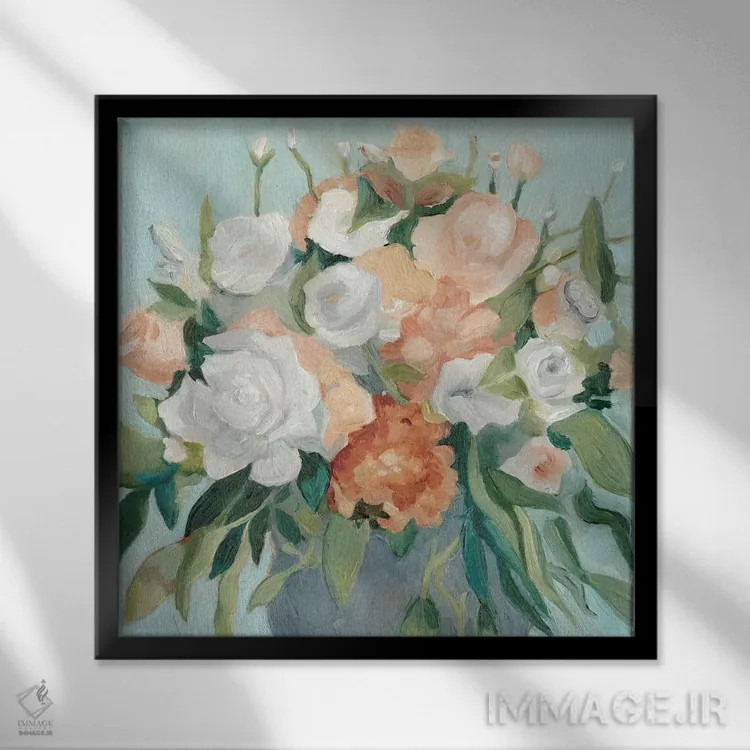 تابلو دستهگل پاستلی نرم ۱ اثر اما اسکاروی - نمای قابدار مشکی