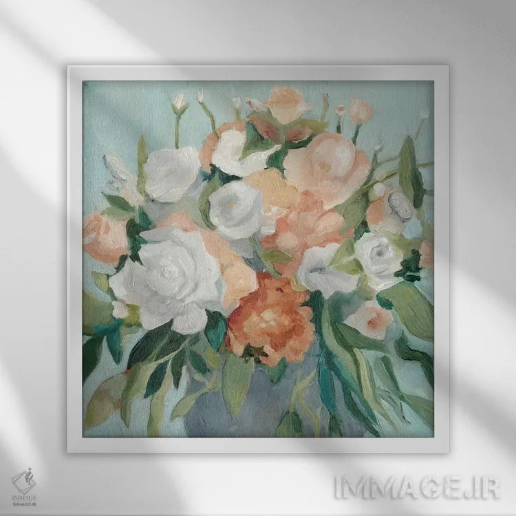 تابلو دستهگل پاستلی نرم ۱ اثر اما اسکاروی - نمای قابدار سفید