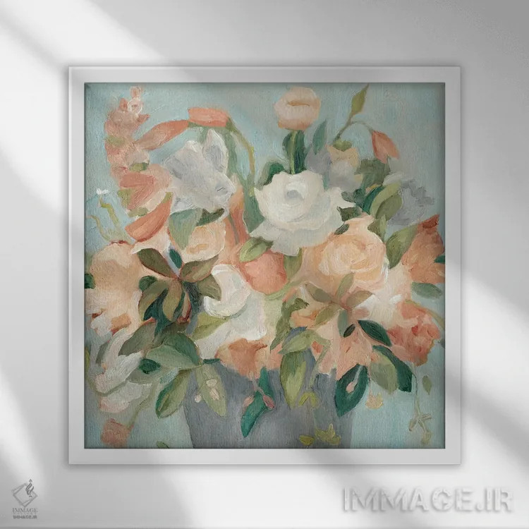 تابلو دستهگل پاستلی نرم ۲ اثر اما اسکاروی - نمای قابدار سفید