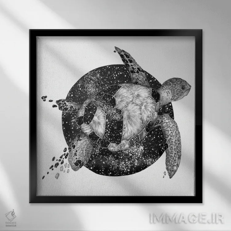 تابلو لاکپشت کیهانی اثر الا مازور - نمای قابدار مشکی