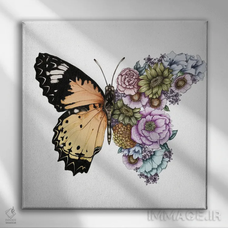 تابلو پروانه در شکفتن (نگارش رنگی) اثر الا مازور - نمای روبهرو روی دیوار