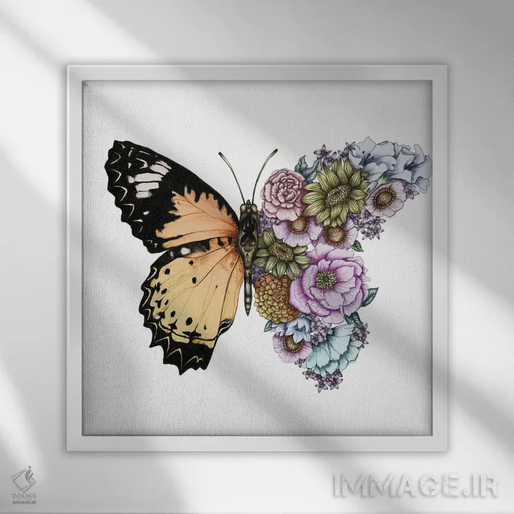 تابلو پروانه در شکفتن (نگارش رنگی) اثر الا مازور - نمای قابدار سفید