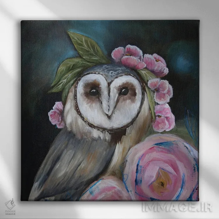 تابلو جغد با گلهای رز اثر اوگنیا اسمیرنوا - نمای روبهرو روی دیوار