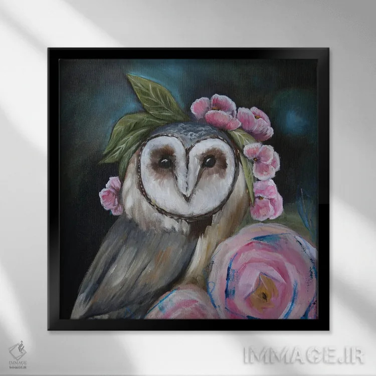 تابلو جغد با گلهای رز اثر اوگنیا اسمیرنوا - نمای قابدار مشکی