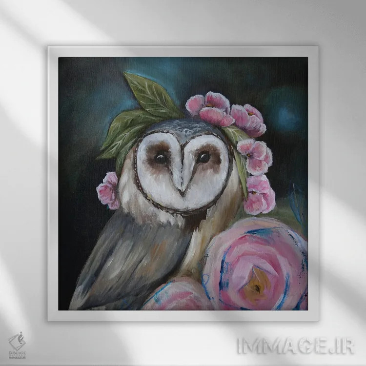 تابلو جغد با گلهای رز اثر اوگنیا اسمیرنوا - نمای قابدار سفید