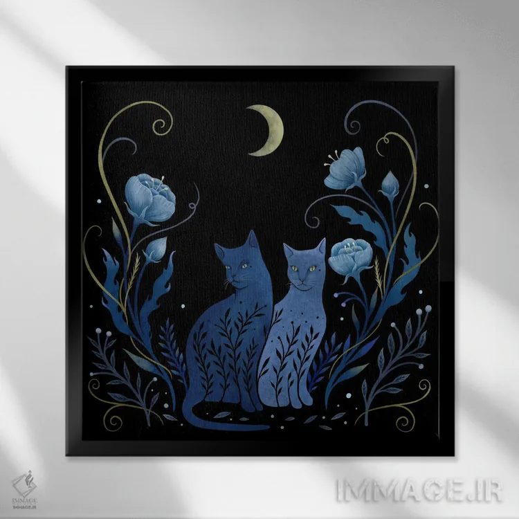 تابلو دو گربه اثر اپیزودیک دراوینگ (برند هنری) - نمای قابدار مشکی