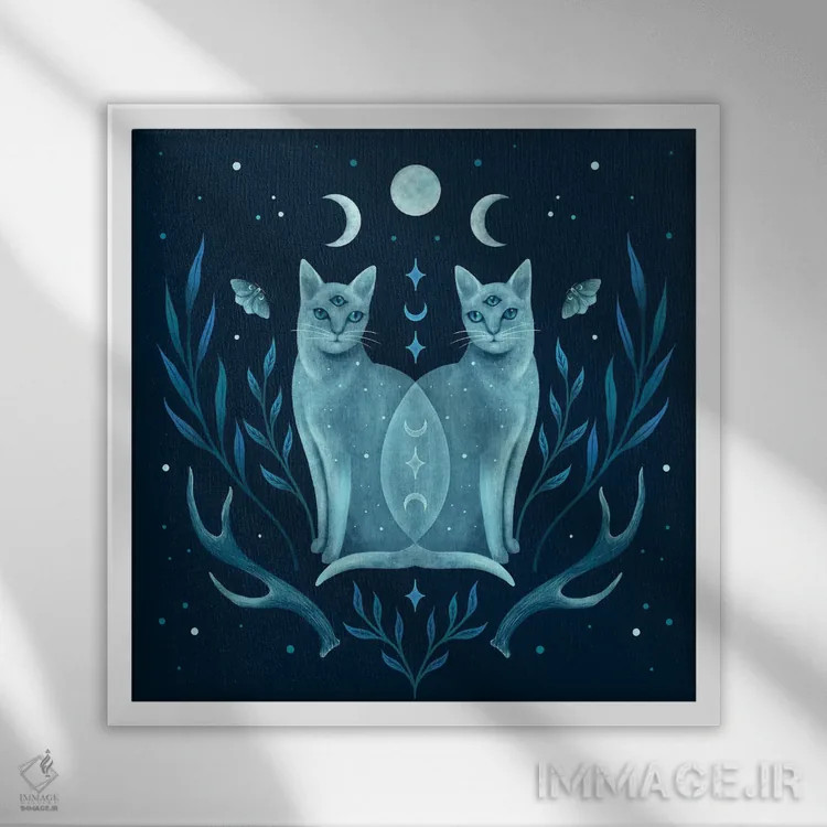 تابلو دو گربهٔ متقارن اثر اپیزودیک دراوینگ (برند هنری) - نمای قابدار سفید