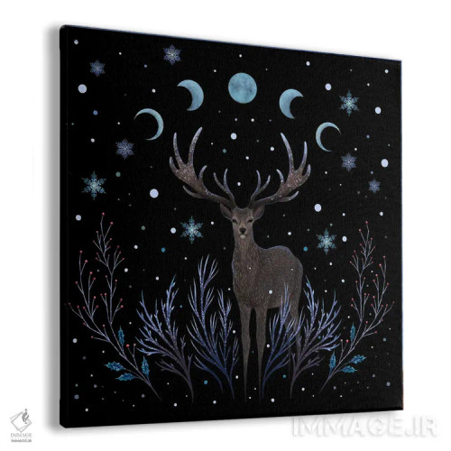 تابلو گوزنی در جنگل زمستانی شب اثر اپیزودیک دراوینگ (برند هنری) - نمای پرسپکتیو محصول
