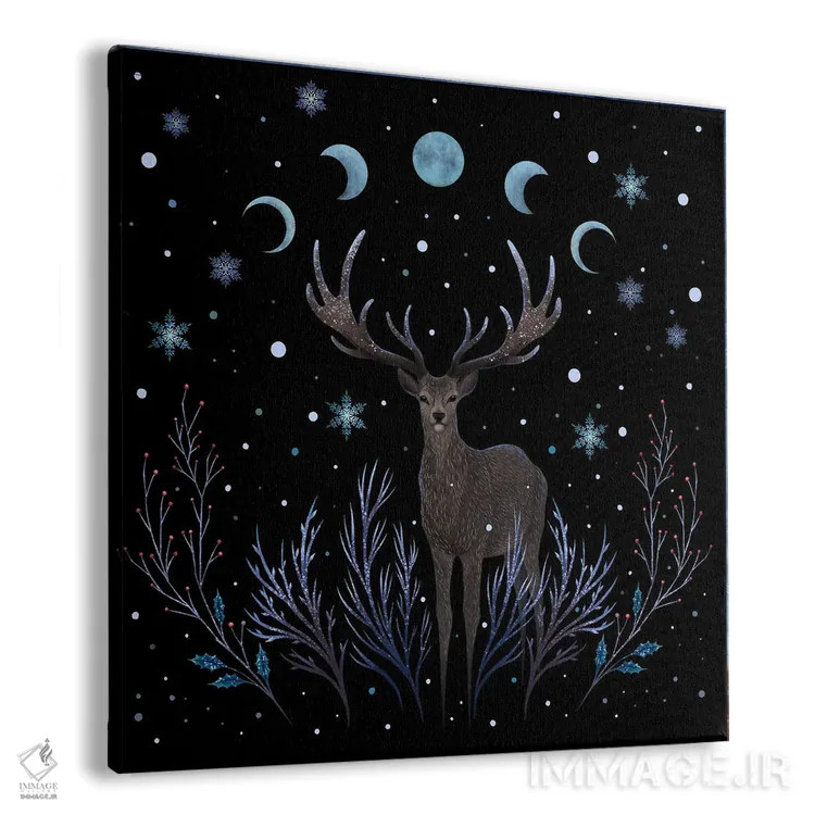 تابلو گوزنی در جنگل زمستانی شب اثر اپیزودیک دراوینگ (برند هنری) - نمای پرسپکتیو محصول
