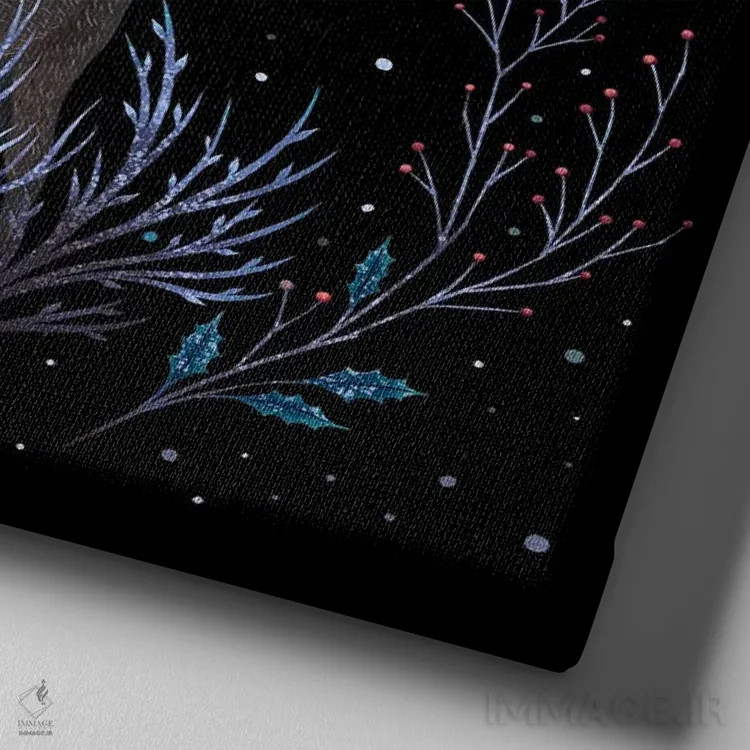 تابلو گوزنی در جنگل زمستانی شب اثر اپیزودیک دراوینگ (برند هنری) - نمای نزدیک بافت بوم
