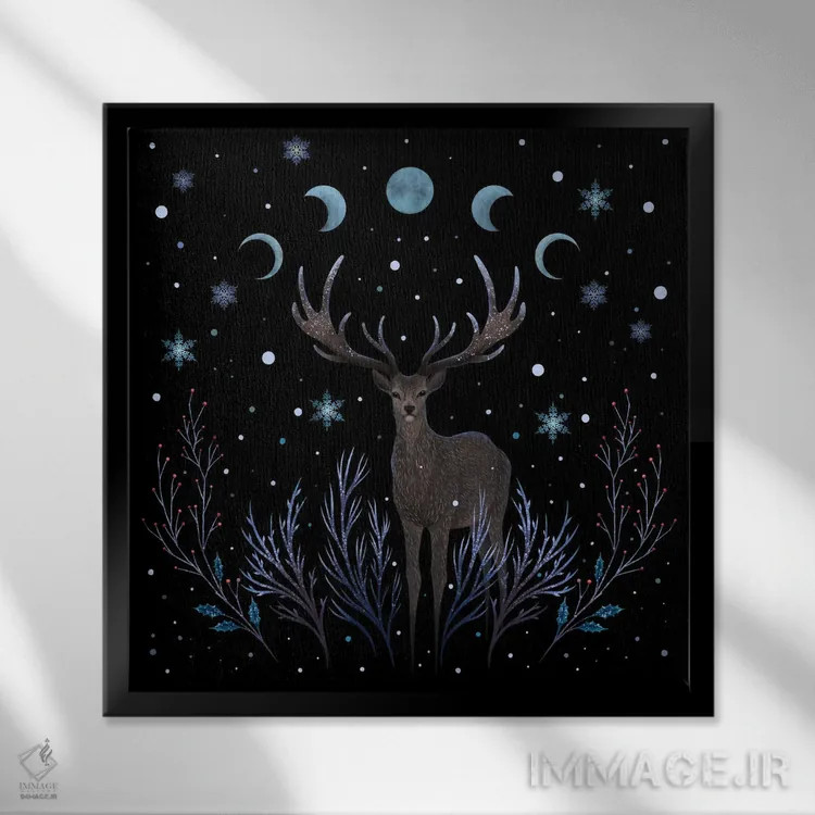 تابلو گوزنی در جنگل زمستانی شب اثر اپیزودیک دراوینگ (برند هنری) - نمای قابدار مشکی