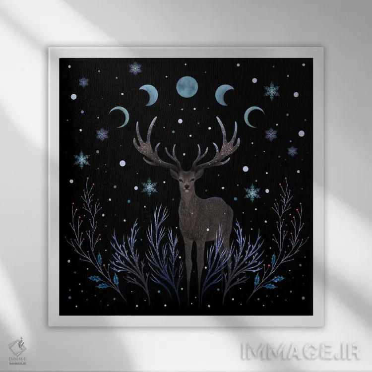 تابلو گوزنی در جنگل زمستانی شب اثر اپیزودیک دراوینگ (برند هنری) - نمای قابدار سفید