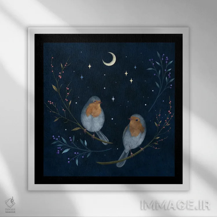 تابلو پرندگان و توتها اثر اپیزودیک دراوینگ (برند هنری) - نمای قابدار سفید