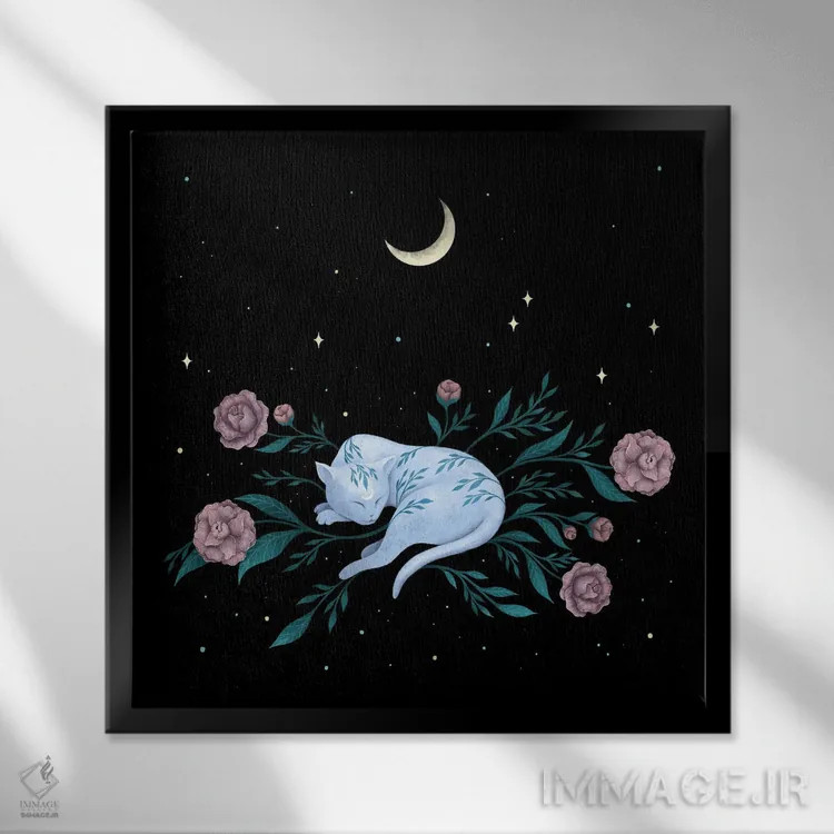 تابلو گربهای که خواب ماه را میبیند اثر اپیزودیک دراوینگ (برند هنری) - نمای قابدار مشکی