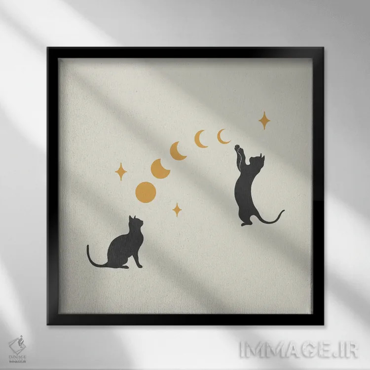 تابلو گربه و ماه ۱ اثر اپیزودیک دراوینگ (برند هنری) - نمای قابدار مشکی