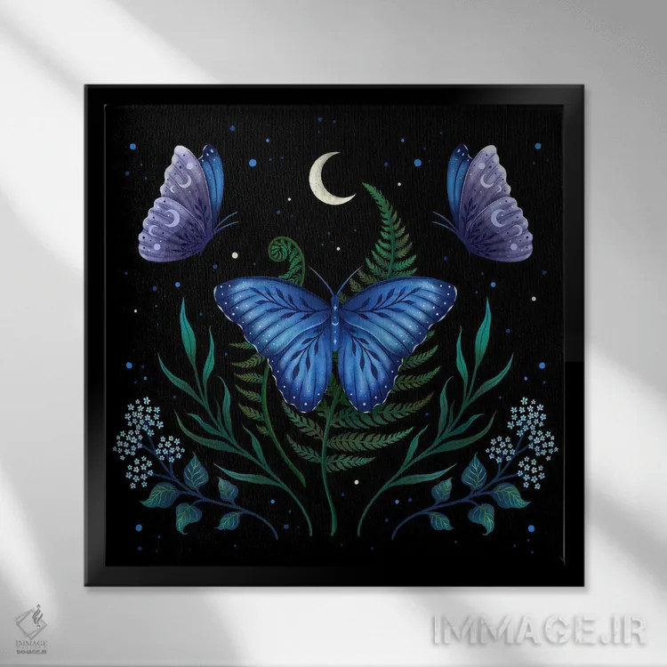 تابلو پروانهٔ بلو مورفو (نوعی پروانه آبی) اثر اپیزودیک دراوینگ (برند هنری) - نمای قابدار مشکی